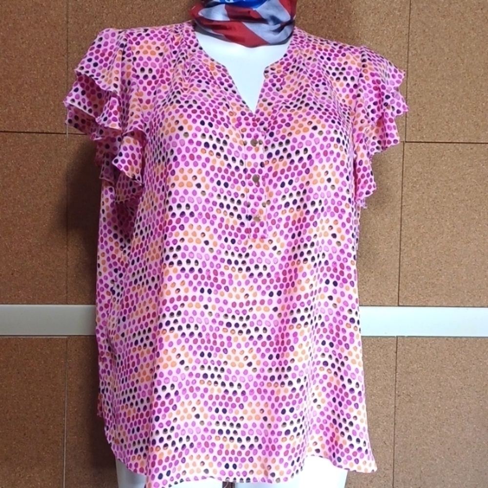 INVESTMENTS LADIES TOP SIZE 2X IN A BEAUTIFUL POLYESTER MULTI COLOR POKA DOTS